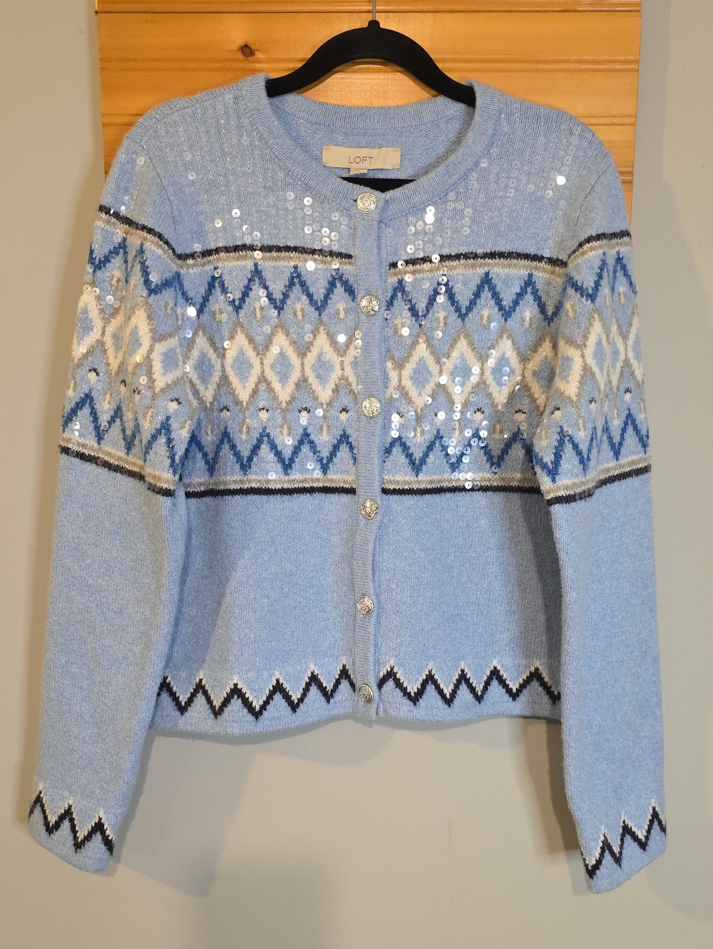 LOFT Light Blue Sequin Fair Isle Cardigan Sweater Holiday Women's Size L NWOT
